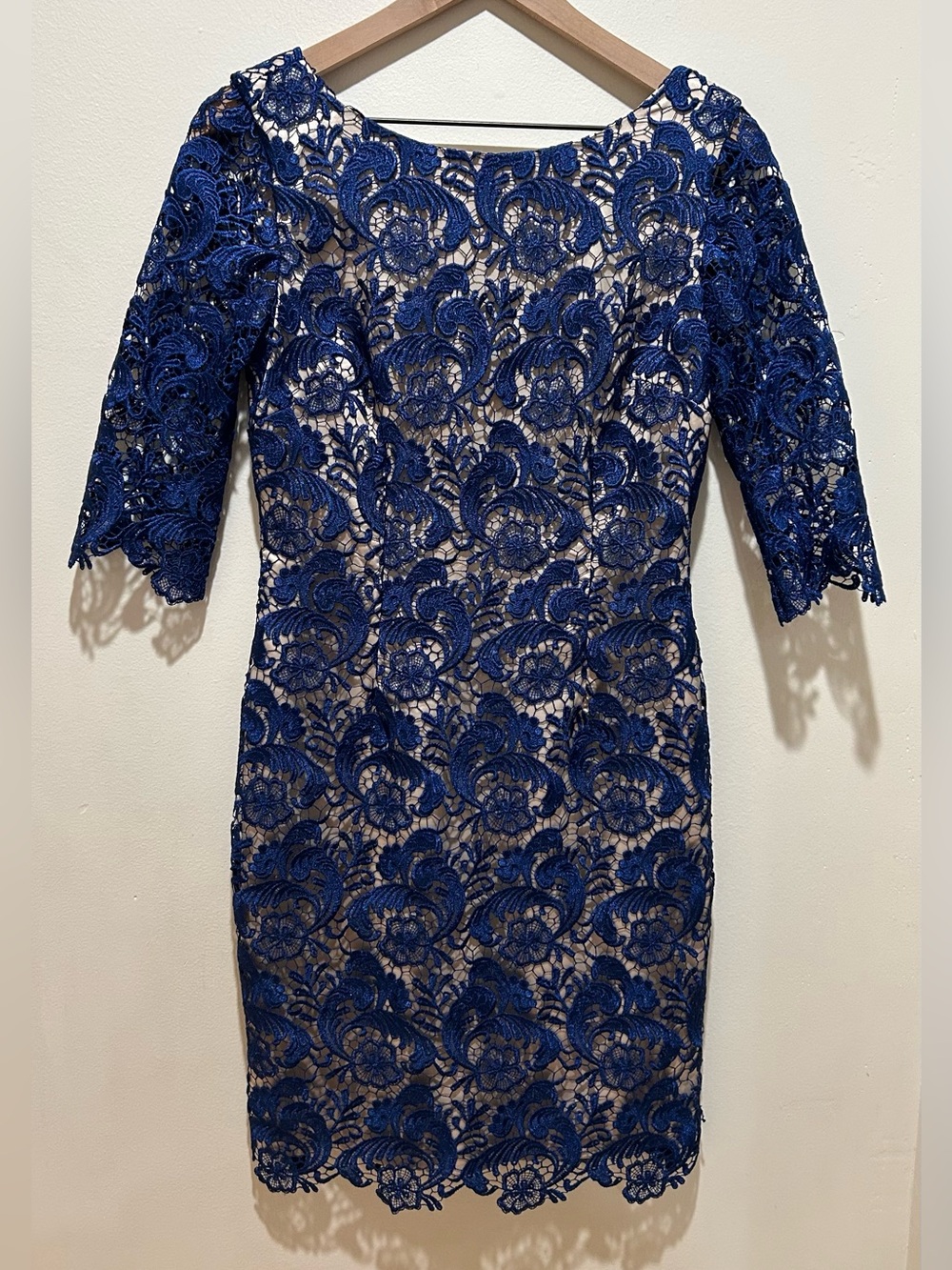Eliza J Embroidered Lace Overlay Sheath Dress - Navy Dark Blue & Beige - Size 6